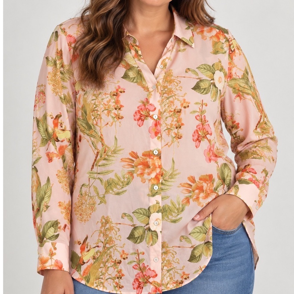 Rose + Olive Pink Botanical Floral Button Down Blouse Large Cottagecore